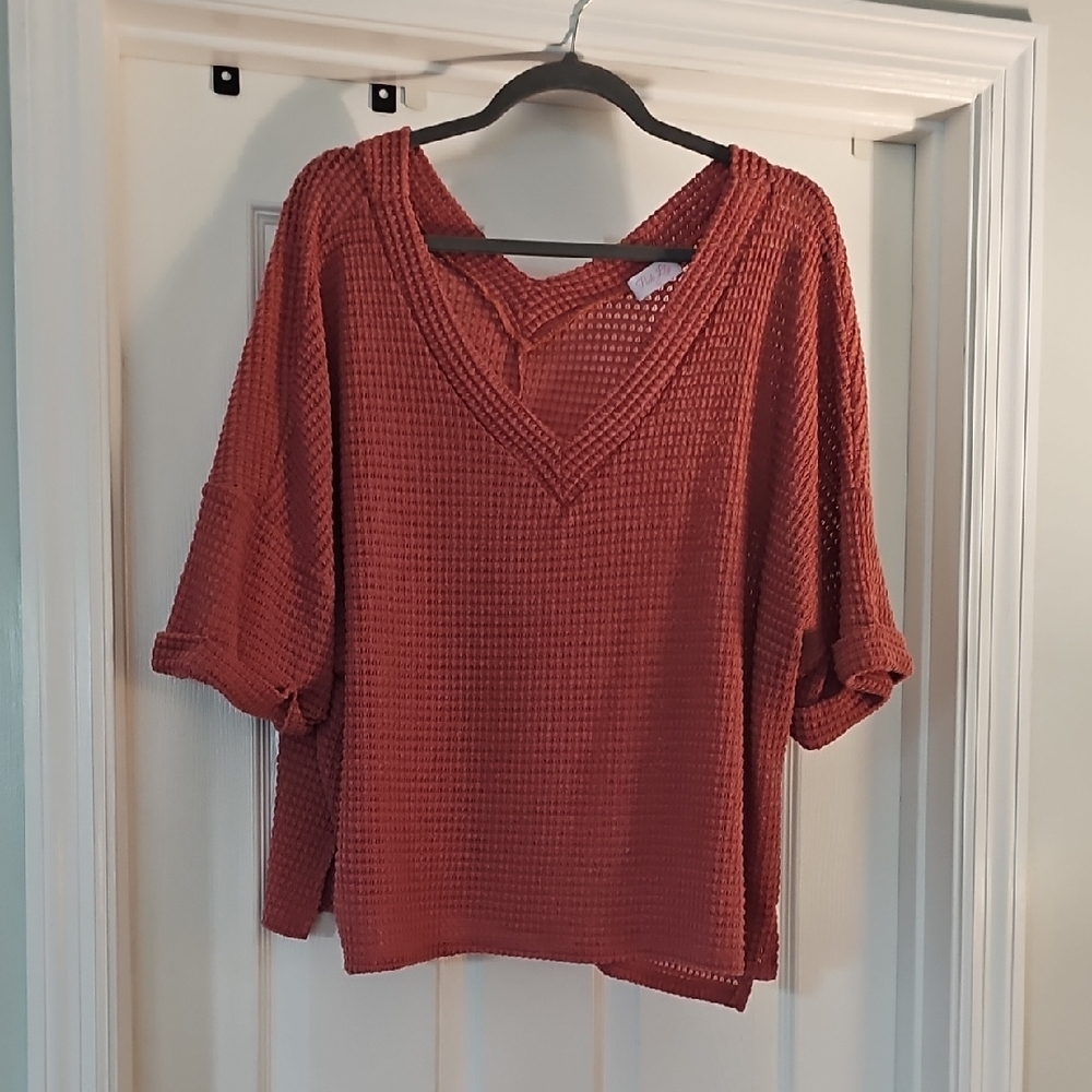 Pink Lily Rust Waffle V-Neck Top